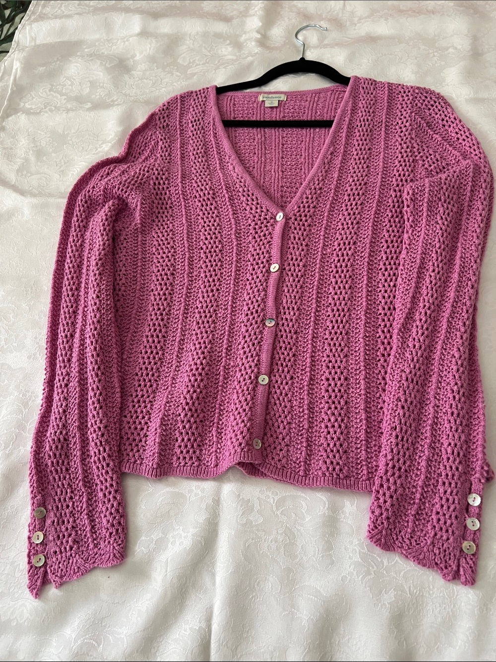 Sundance Open-Knit Lilac V-Neck Button-Front Cardigan